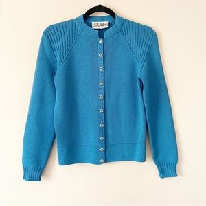 St John•DAMAGED blue knit button up cardigan blouse